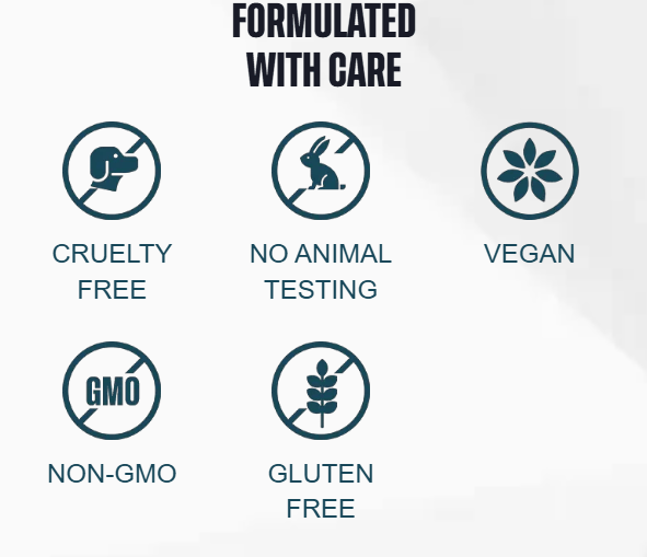 Formulated with care โ cruelty free, no animal testing, vegan, non-GMO, gluten free