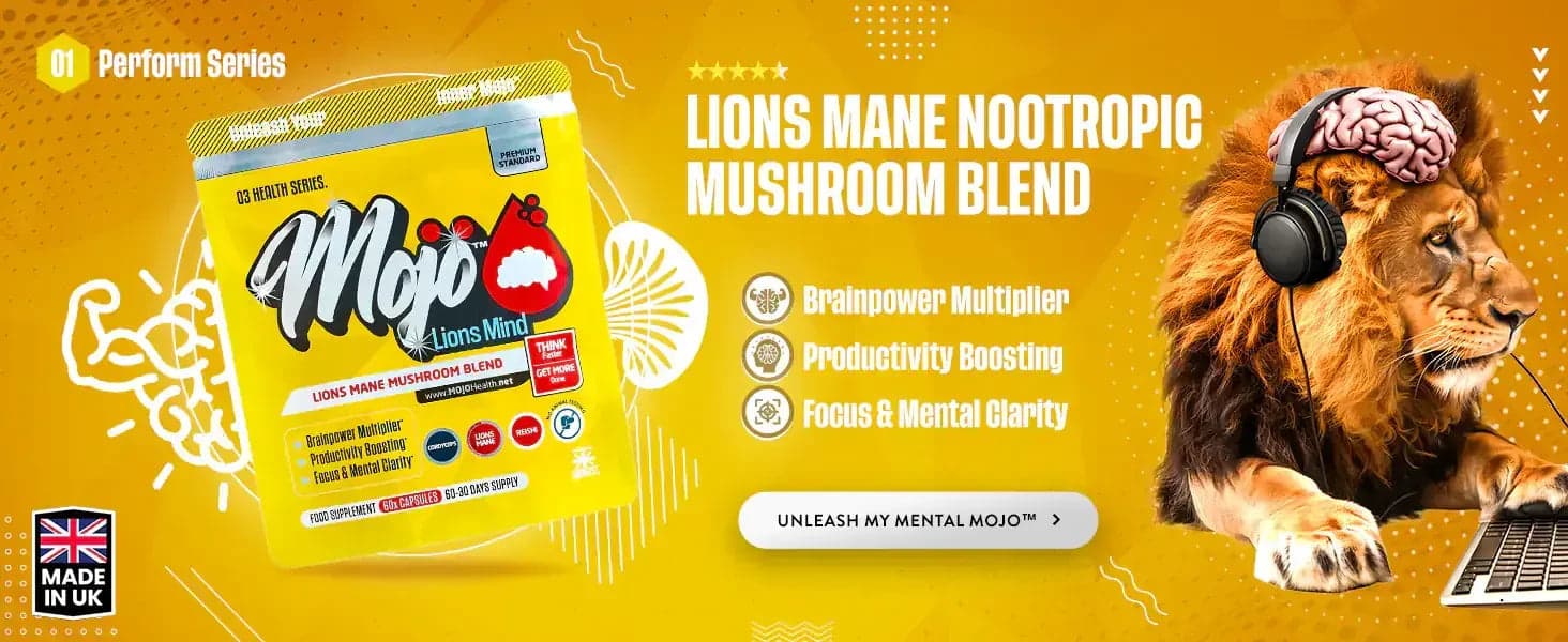 Mojo Lions Mind โ lions mane nootropic mushroom blend: brainpower multiplier, productivity boosting, focus and mental clarity. Unleash my mental Mojo.
